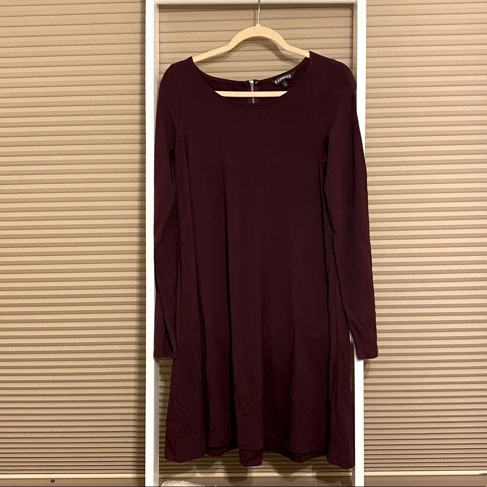 Express Burgundy Long Sleeve Swing Dress Size Medium Fit & Flare Open Back